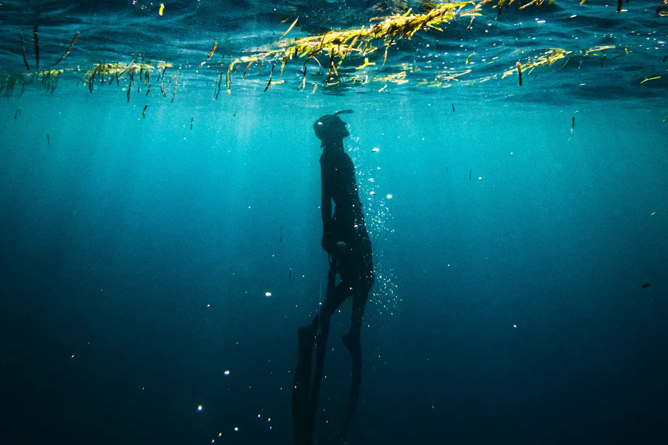 Freediver rising toward the shimmering surface light on a single breath