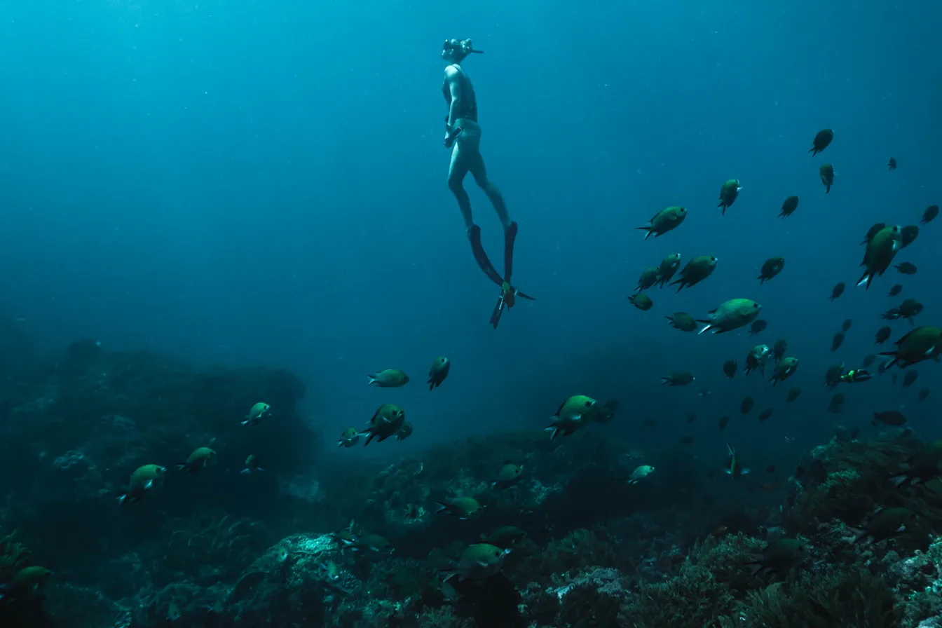 Modern freediver gliding over a coral reef teeming with fish