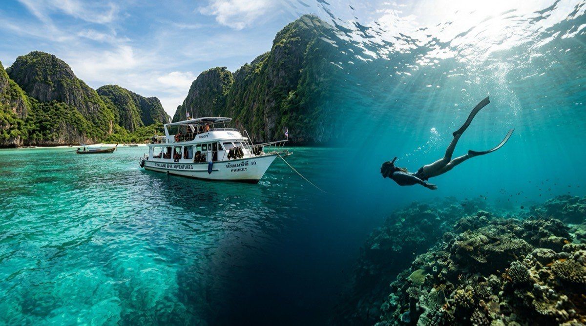 Dive boat among the limestone islands of the Andaman Sea