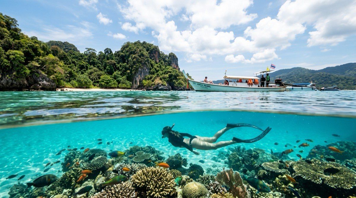 Freediver over a coral reef with limestone islands of the Andaman Sea above the surface