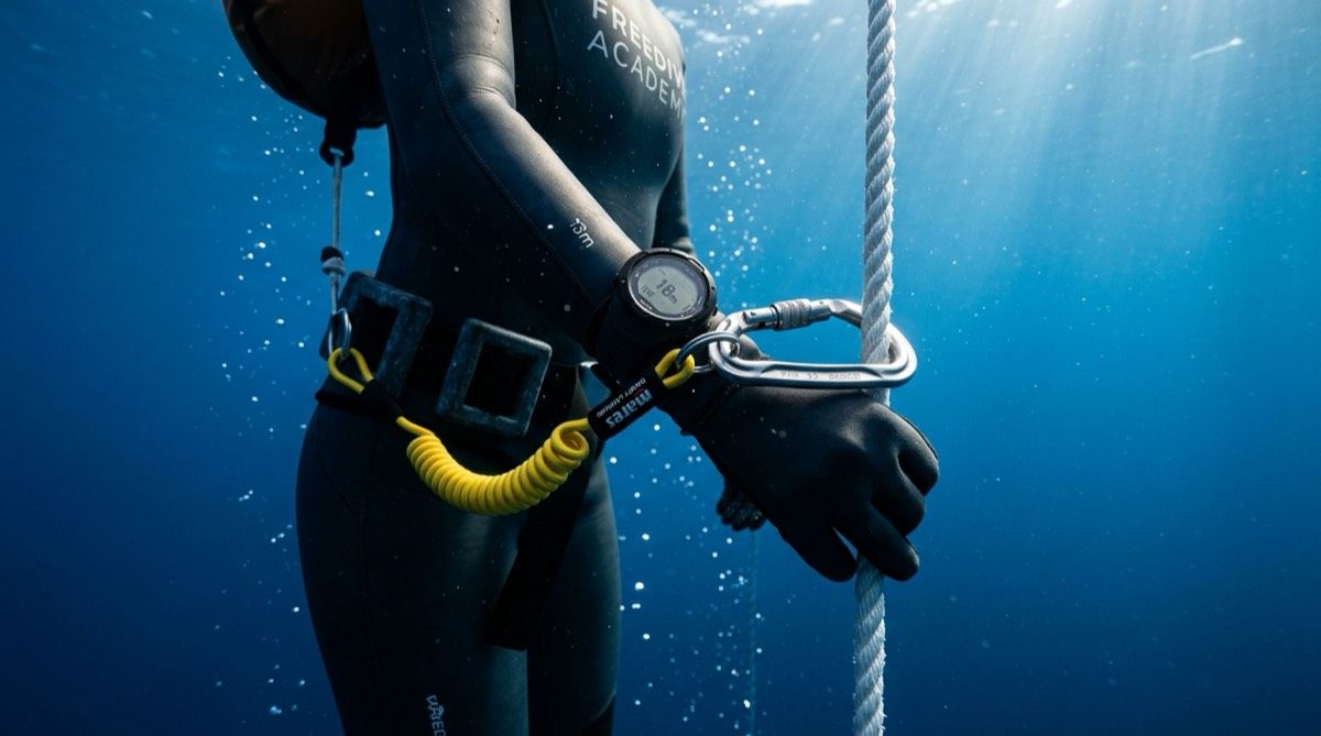 Freediver with a rubber weight belt and safety lanyard attached to the dive line