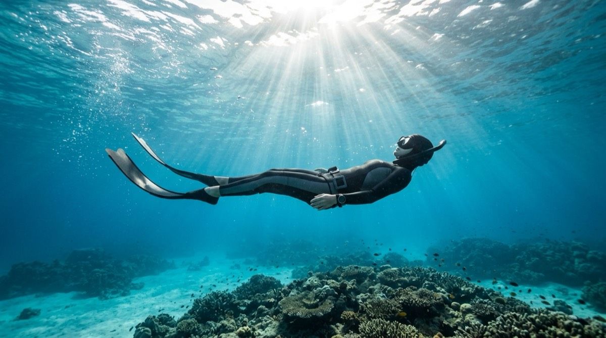 Freediver gliding calmly over a coral reef in sunlight