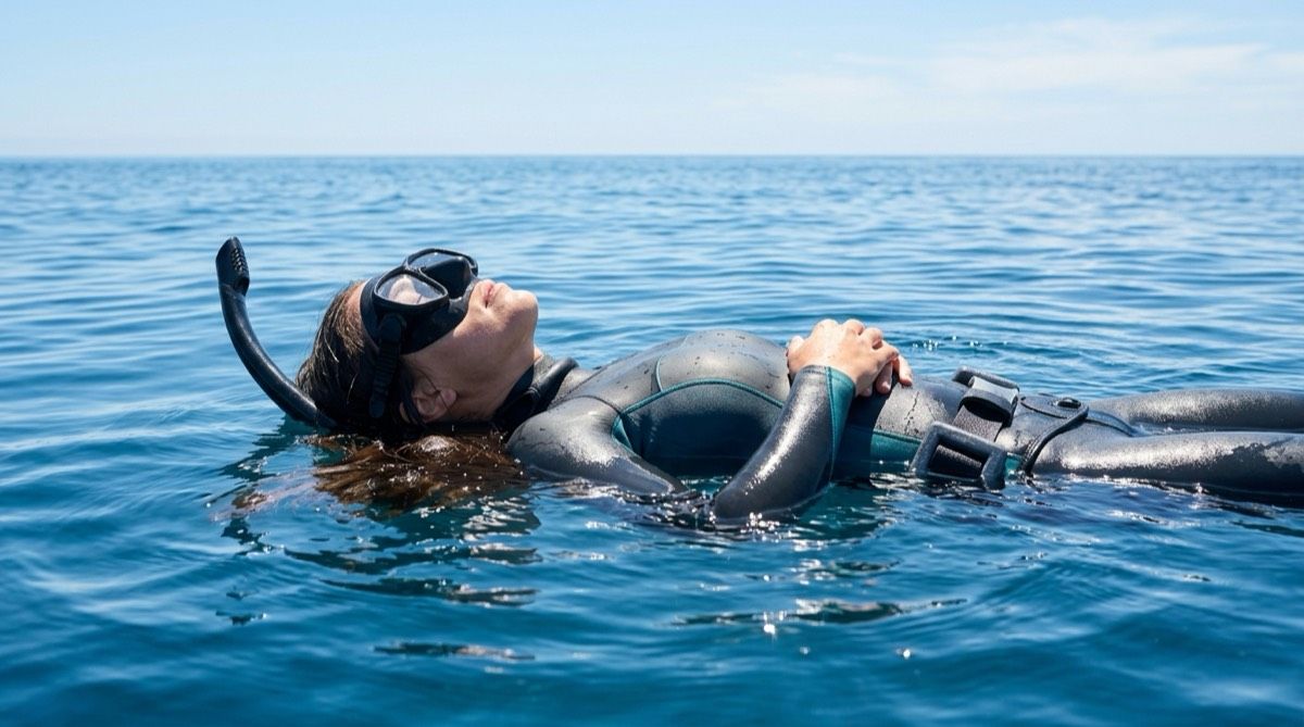 Freediver floating on the surface doing relaxation breathing before a dive