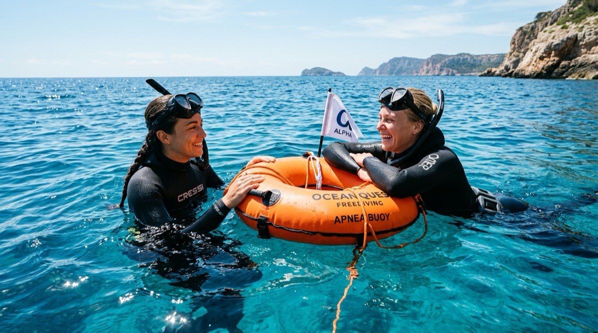 Freediving instructor and student at a surface buoy practicing a rescue