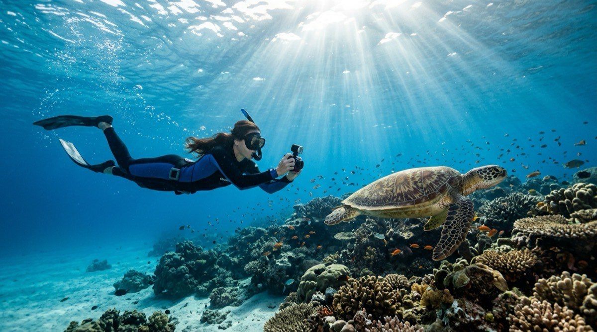 Freediver taking underwater photos with a camera over a coral reef